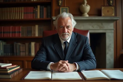 Homme politique français en costume sombre assis à un bureau de château avec des documents officiels, illustrant la gestion d'un patrimoine privé