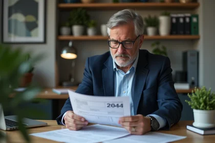 Homme d'âge moyen vérifiant un formulaire d'impots 2044 dans un bureau moderne