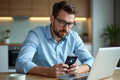 Homme utilisant smartphone pour la securite numerique a la maison