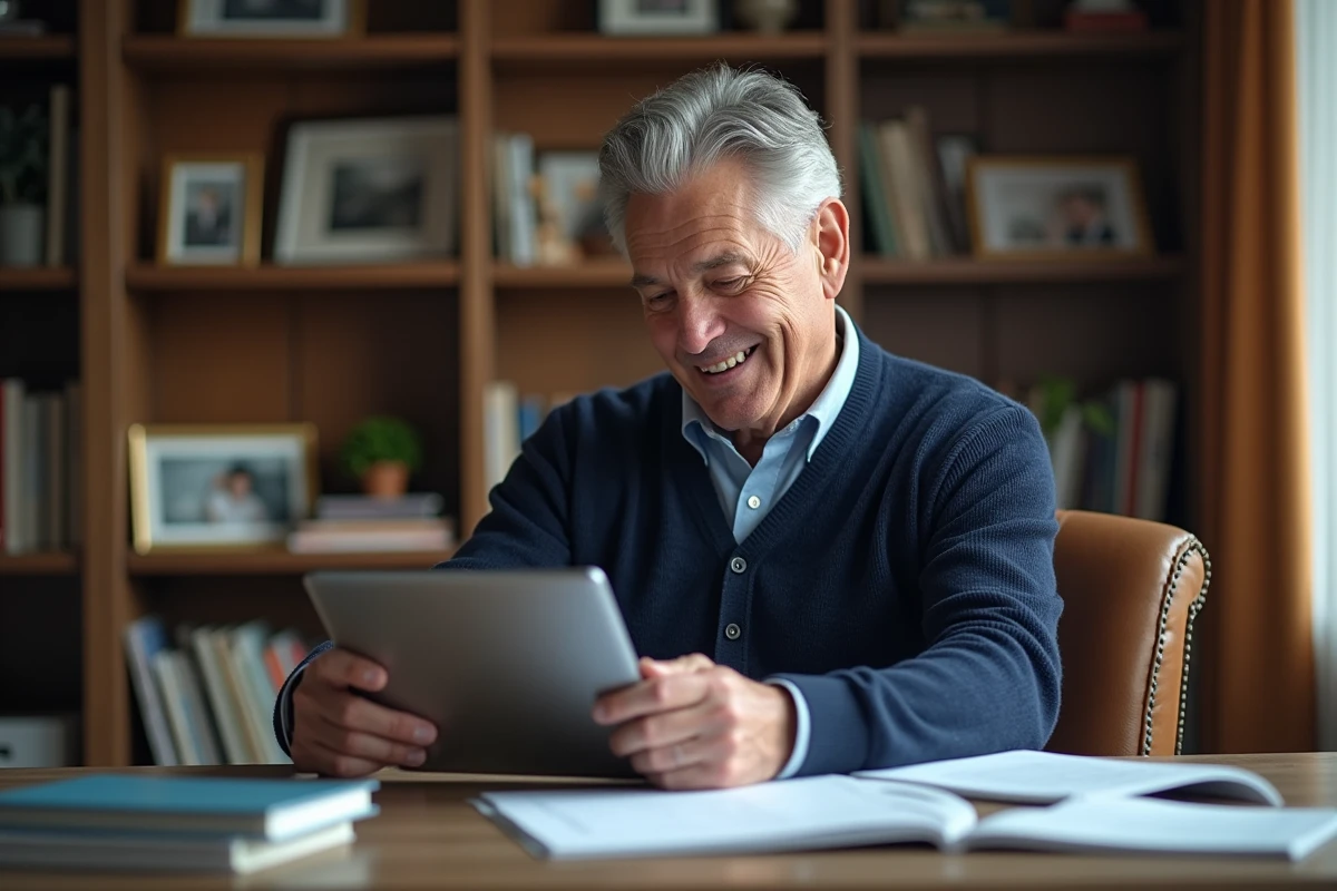 Homme âgé consultant ses comptes sur une tablette dans son bureau