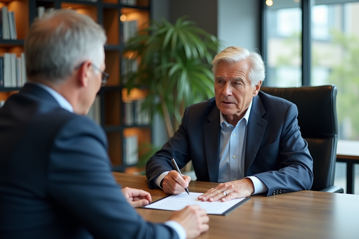 Homme retraité signant un document dans un bureau moderne