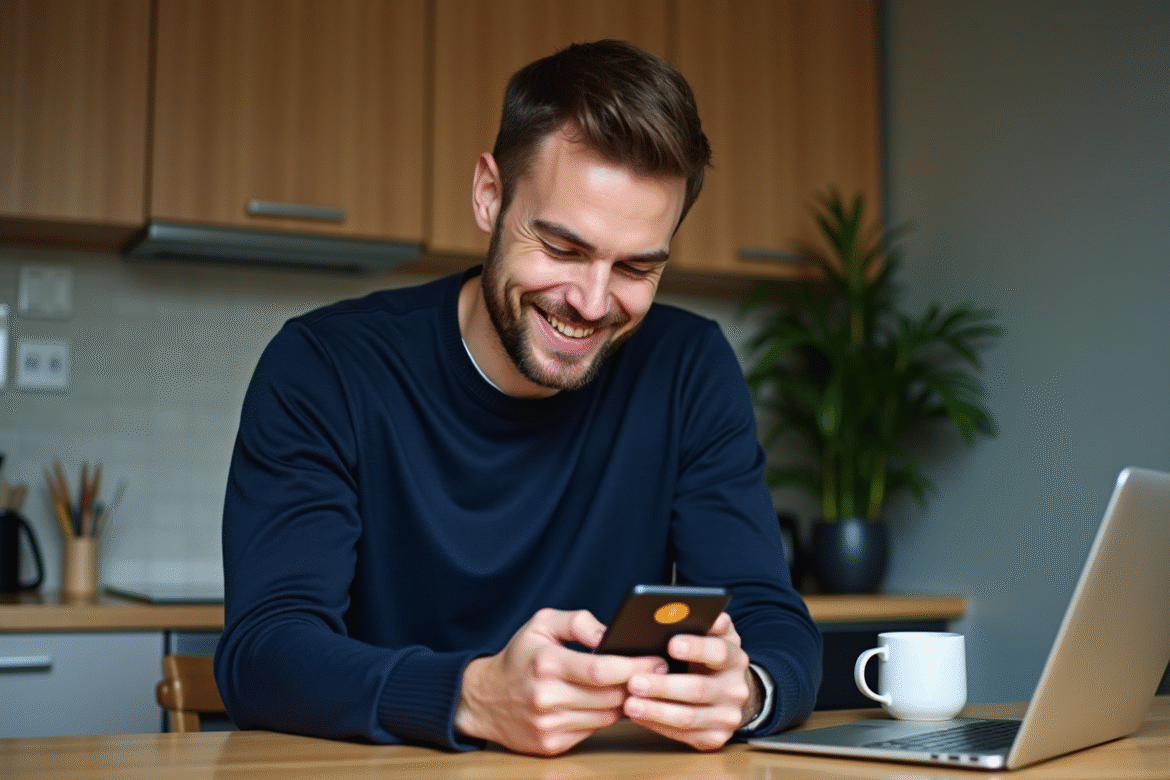 Homme vérifiant une transaction Bitcoin sur smartphone dans sa cuisine