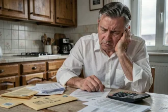 Homme stressé face à des factures impayées et une amende à régler sur une table de cuisine encombrée