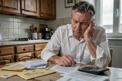Homme stressé face à des factures impayées et une amende à régler sur une table de cuisine encombrée