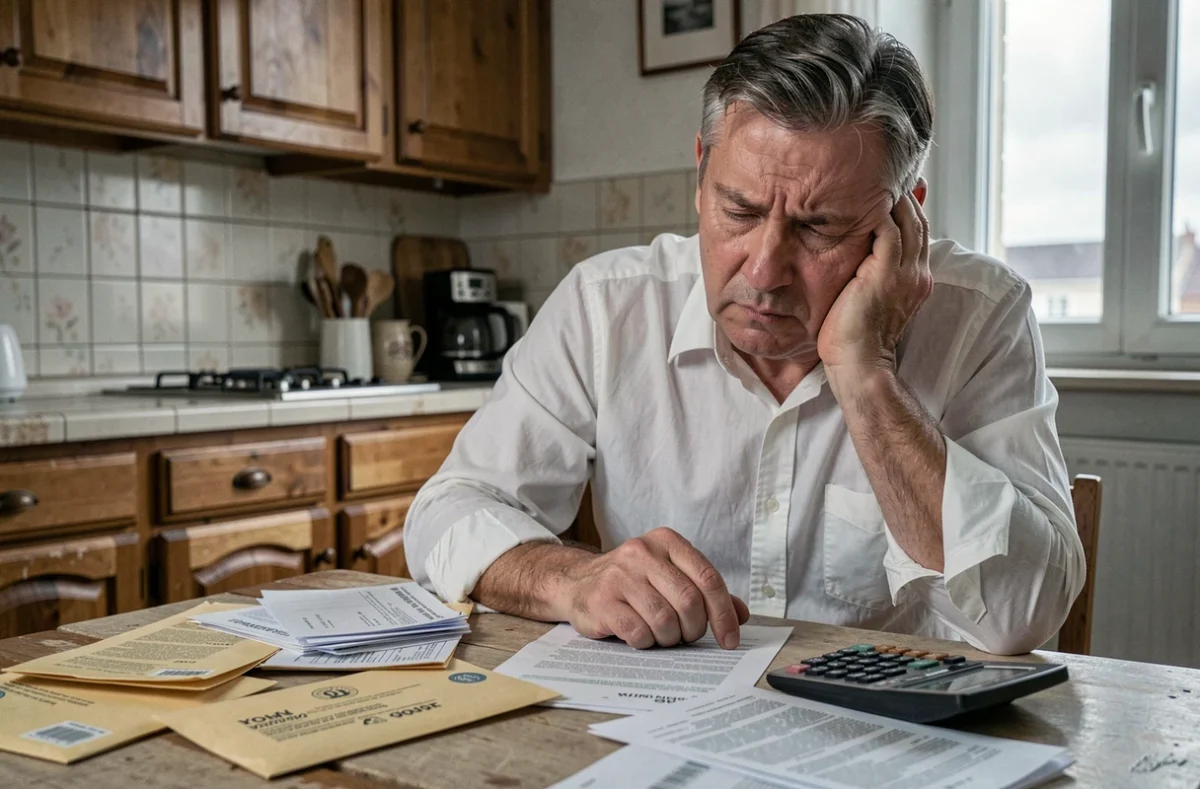 Homme stressé face à des factures impayées et une amende à régler sur une table de cuisine encombrée