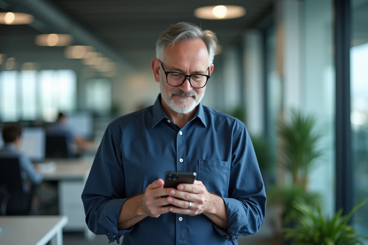 Homme vérifiant son compte CA56 sur smartphone dans un bureau moderne