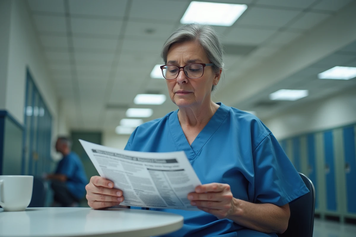 Infirmière hospitalière lisant son bulletin de salaire et les informations sur l'augmentation du point d'indice 2026