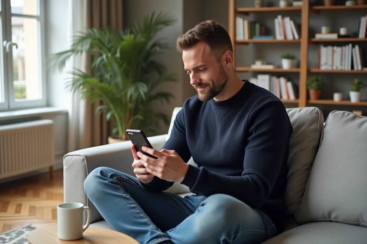 Jeune investisseur consultant son application de gestion d'ETF Boursorama sur smartphone depuis son salon