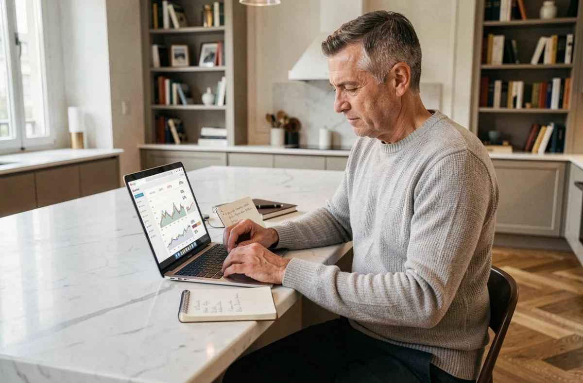 Investisseur particulier comparant les rendements de SCPI sur son ordinateur portable dans un appartement parisien