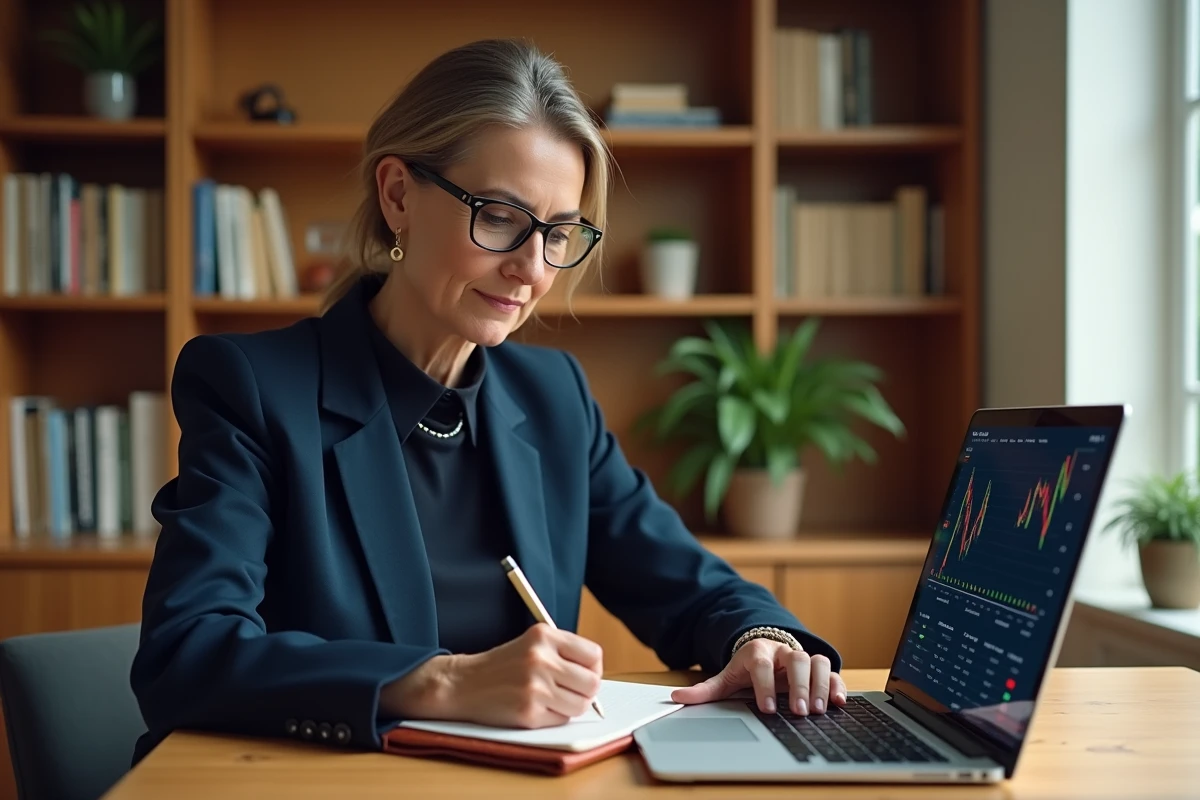 Investisseuse particulière calculant le levier et la barrière d'un turbo depuis son bureau à domicile