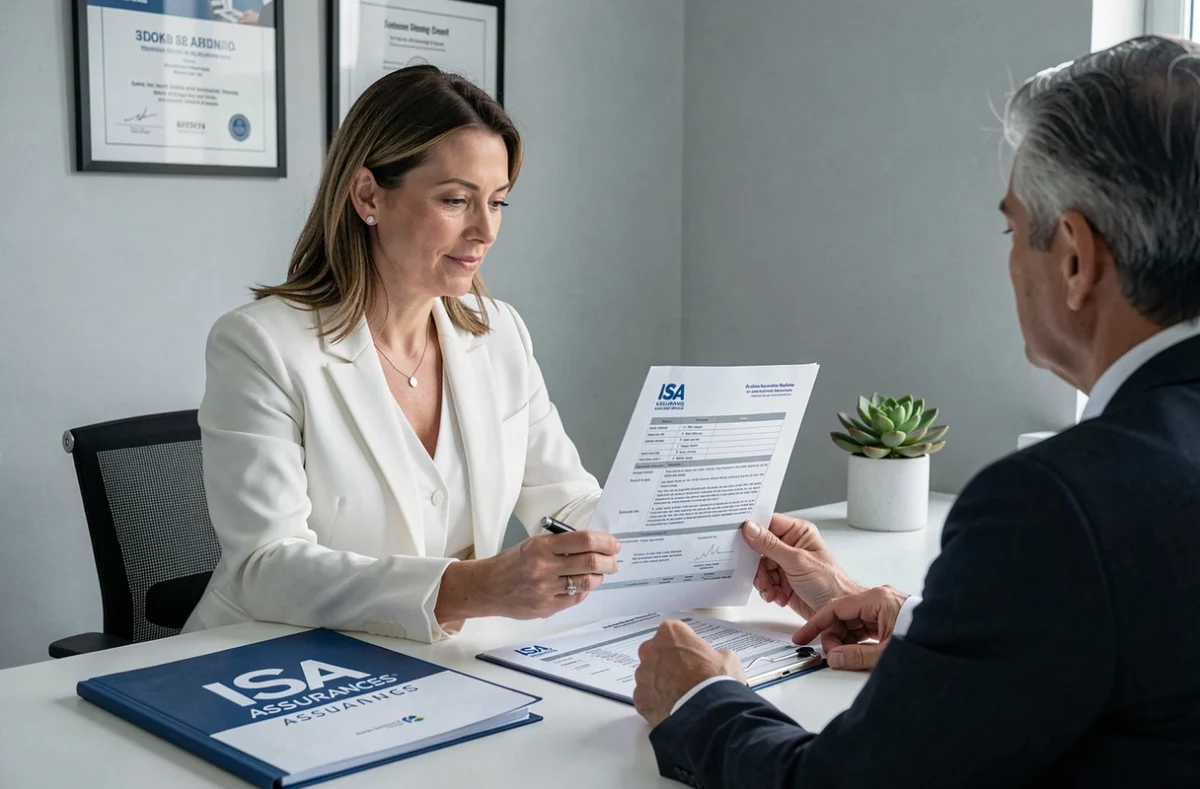 Une conseillère Isa Assurances présente une offre d'assurance emprunteur à un client dans un bureau moderne et professionnel