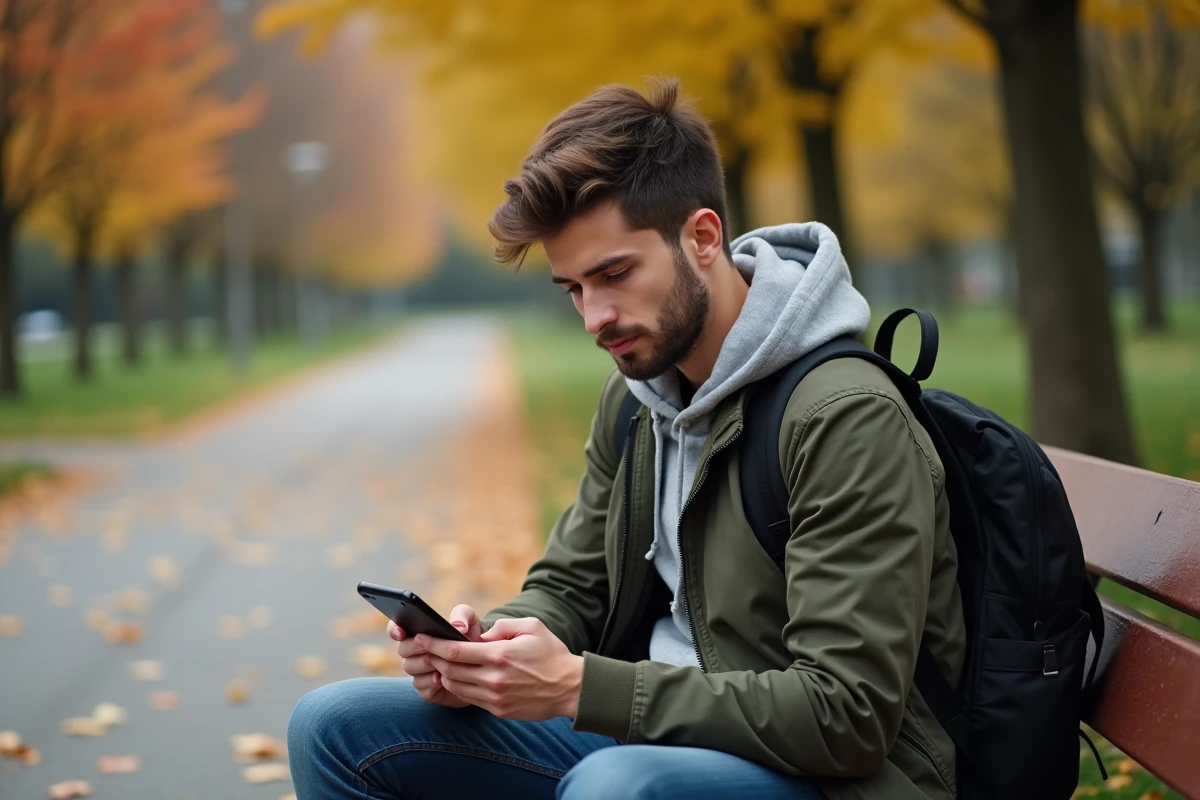 Jeune adulte consultant l'application mobile CA56 assis sur un banc dans un parc en automne