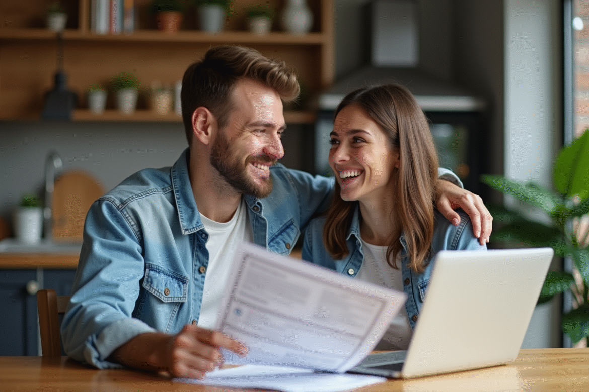 Jeune couple souriant avec documents et ordinateur pour achat immobilier