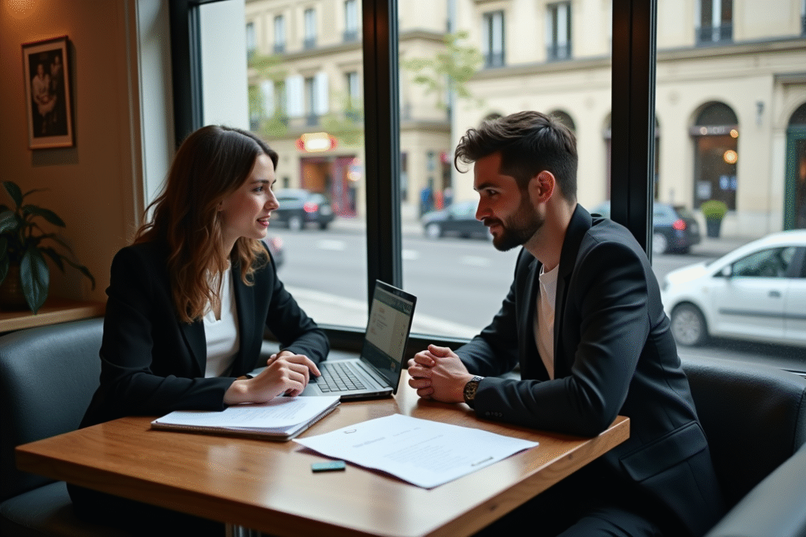 Jeune couple professionnel discutant au café à Paris