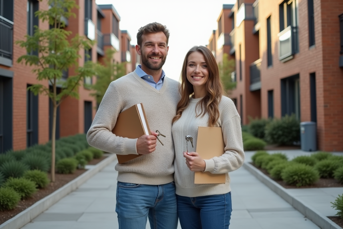 Jeune couple heureux avec clés devant un immeuble neuf