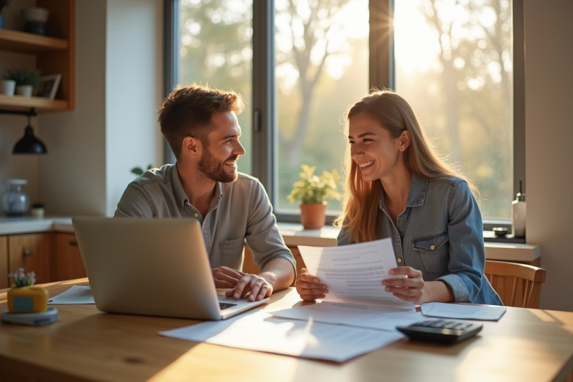 Jeune couple discutant de prêt immobilier avec conseiller