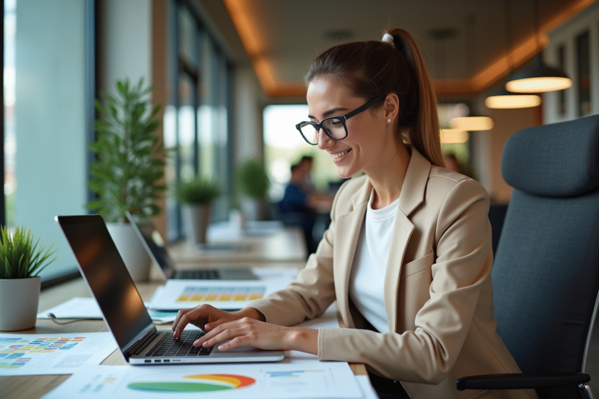 Jeune femme d'affaires analysant des infographies au bureau