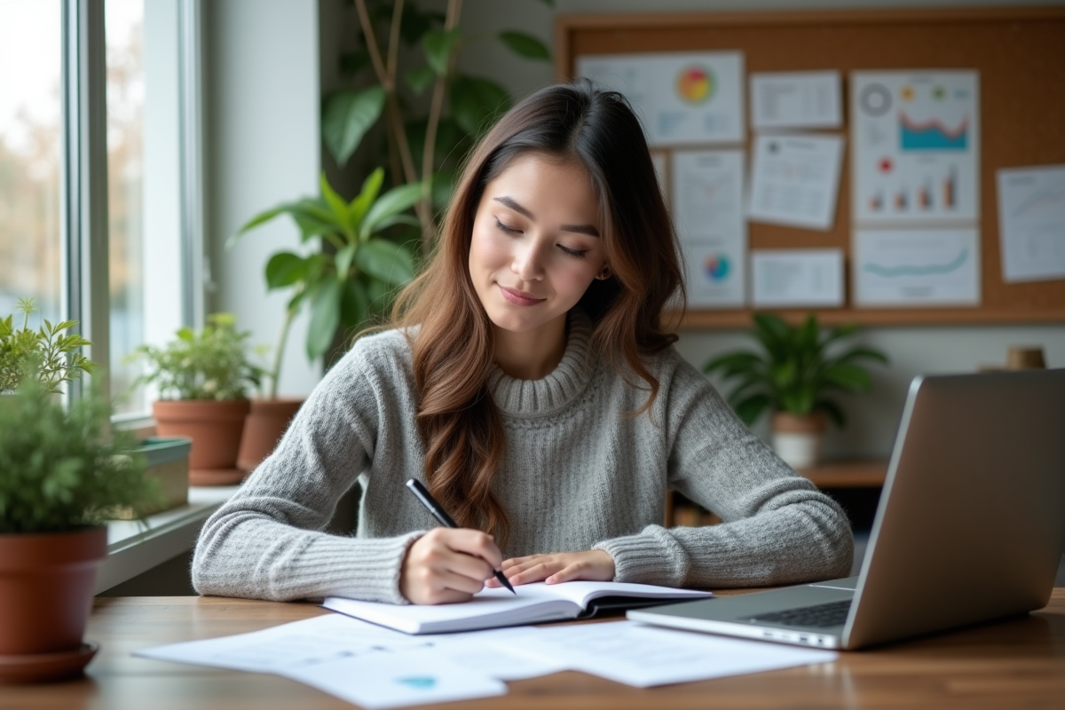 Jeune femme d affaires note dans un carnet près de son ordinateur
