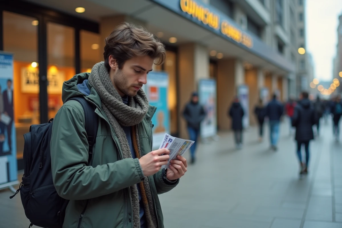 Jeune homme regardant ses billets devant un centre culturel urbain