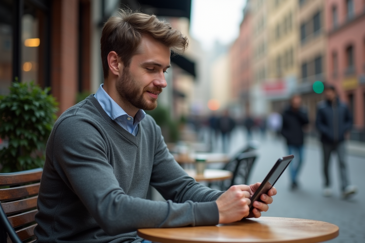 Jeune homme analysant des graphiques en extérieur