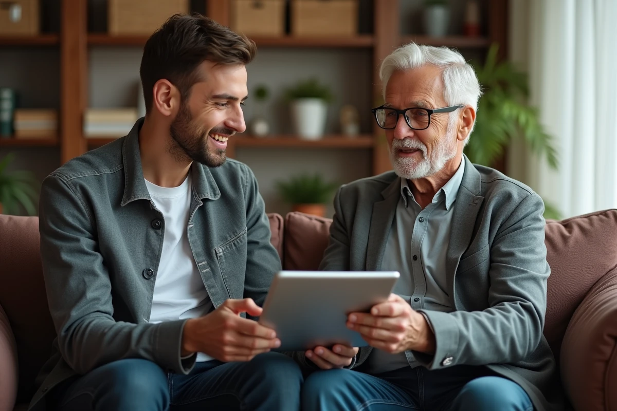Jeune homme explique des transactions à un homme âgé