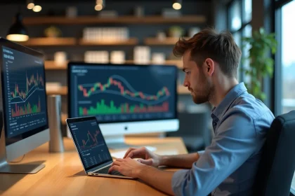 Jeune homme comparant graphiques crypto sur ordinateur