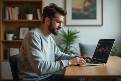 Jeune homme regardant des graphiques de crypto sur son ordinateur