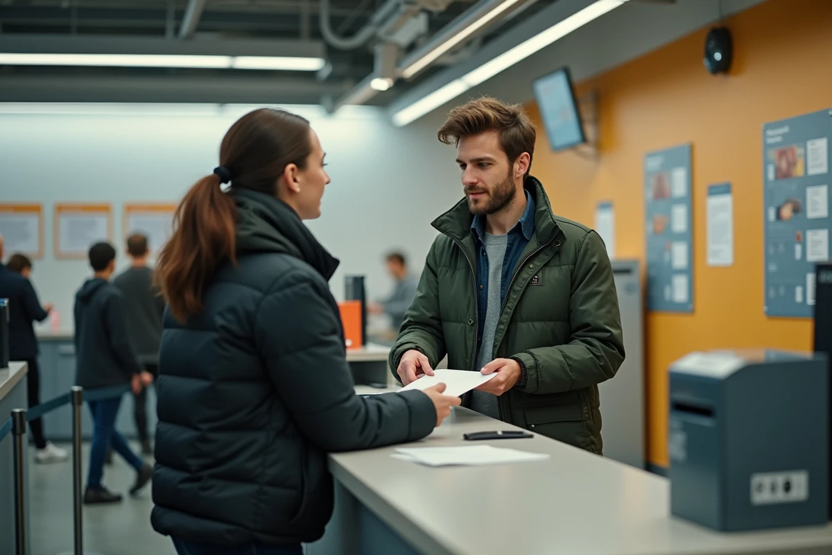 Jeune homme déposant un formulaire à la poste pour bénéficier du versement de 1745 euros en 2026