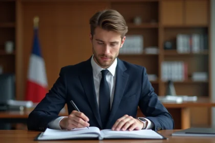 Jeune homme en costume dans un bureau parlementaire