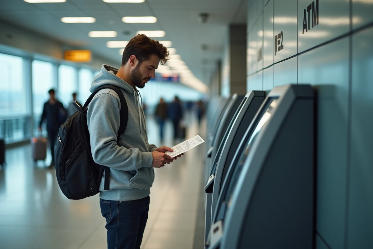 Jeune homme vérifiant son reçu à un distributeur d