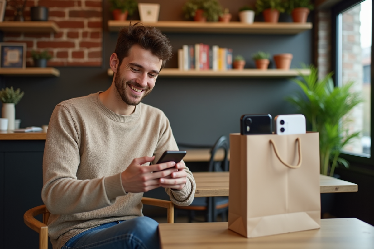 Jeune homme souriant utilisant son smartphone au café