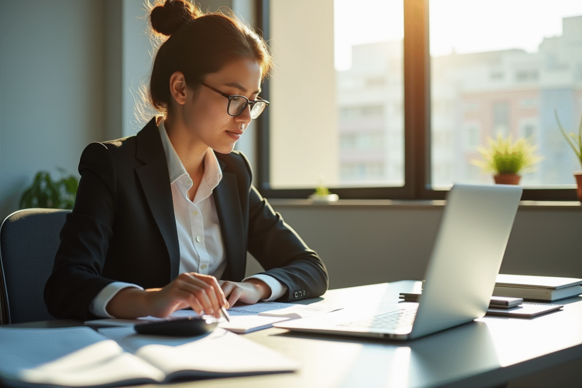 Jeune professionnel au bureau calculant son salaire mensuel
