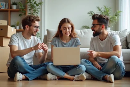 Trois jeunes adultes discutent sur le sol avec des cartons