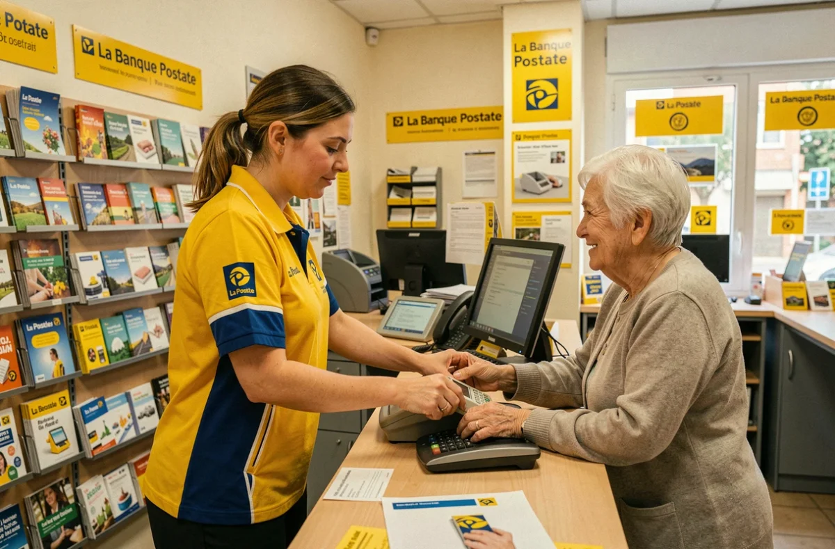 Employée de La Banque Postale aidant une cliente âgée à un guichet de bureau de poste en Occitanie