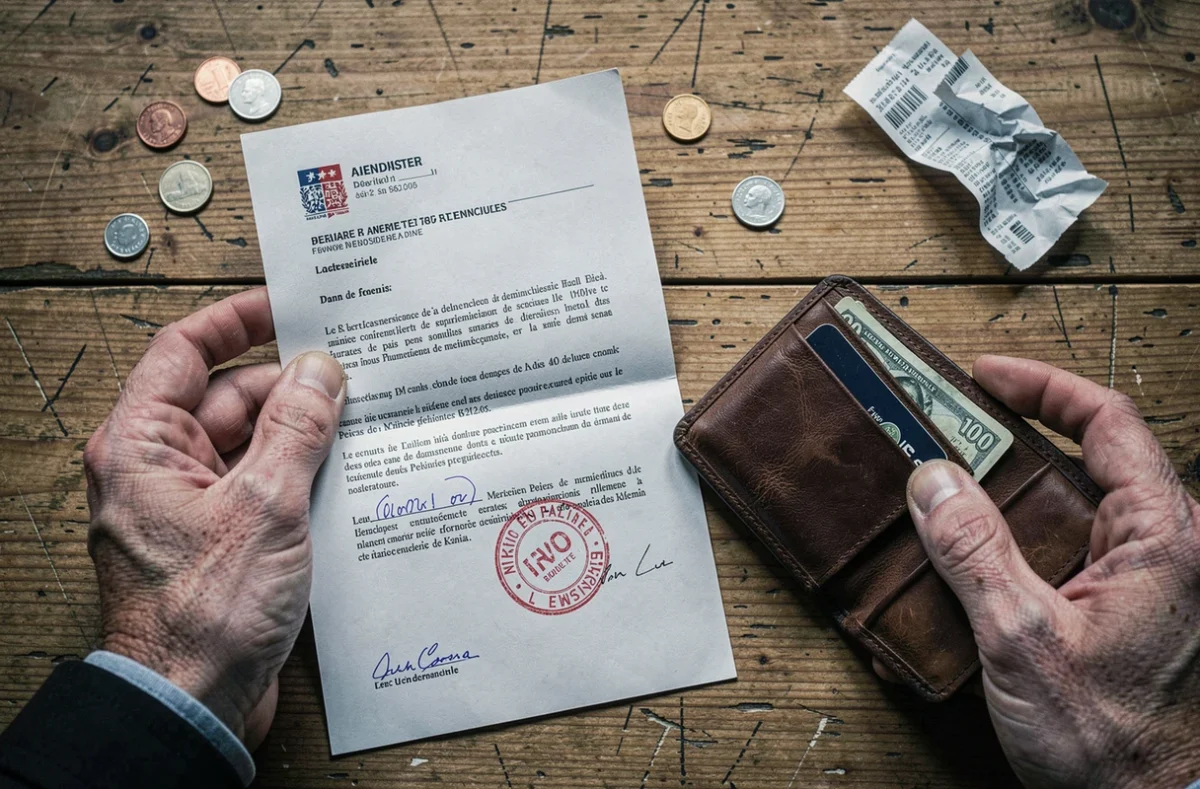 Gros plan sur une lettre d'amende officielle et un portefeuille vide symbolisant l'impossibilité de payer une condamnation pécuniaire