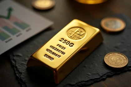 Lingot d'or 250g posé sur ardoise avec graphique de cours et pièces euro
