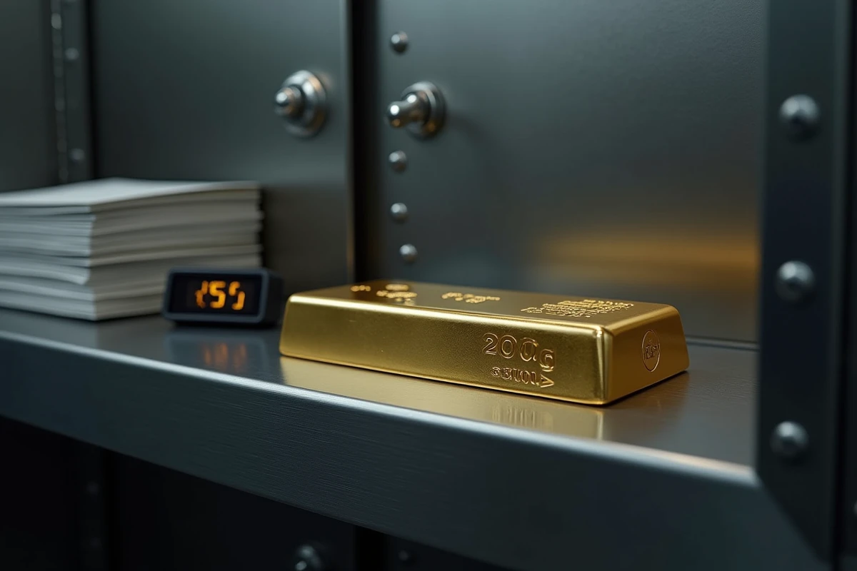 Lingot d'or 250g stocké dans un coffre bancaire sécurisé avec affichage du prix