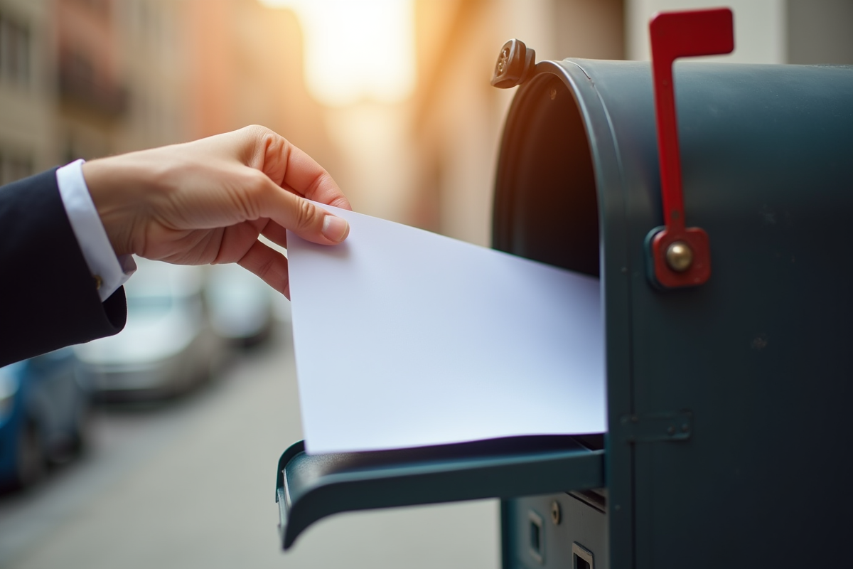 Main déposant un courrier dans une boîte aux lettres urbaine
