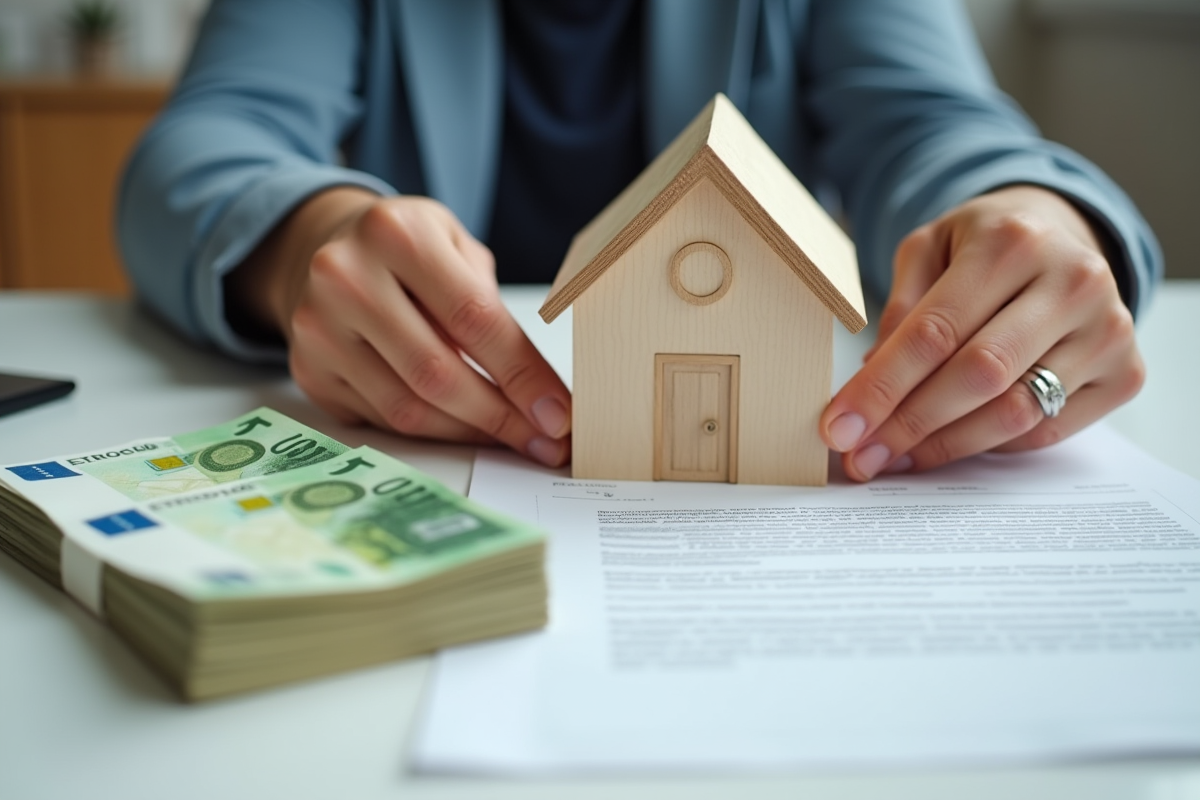 Mains tenant petite maison en bois avec euros et contrat immobilier