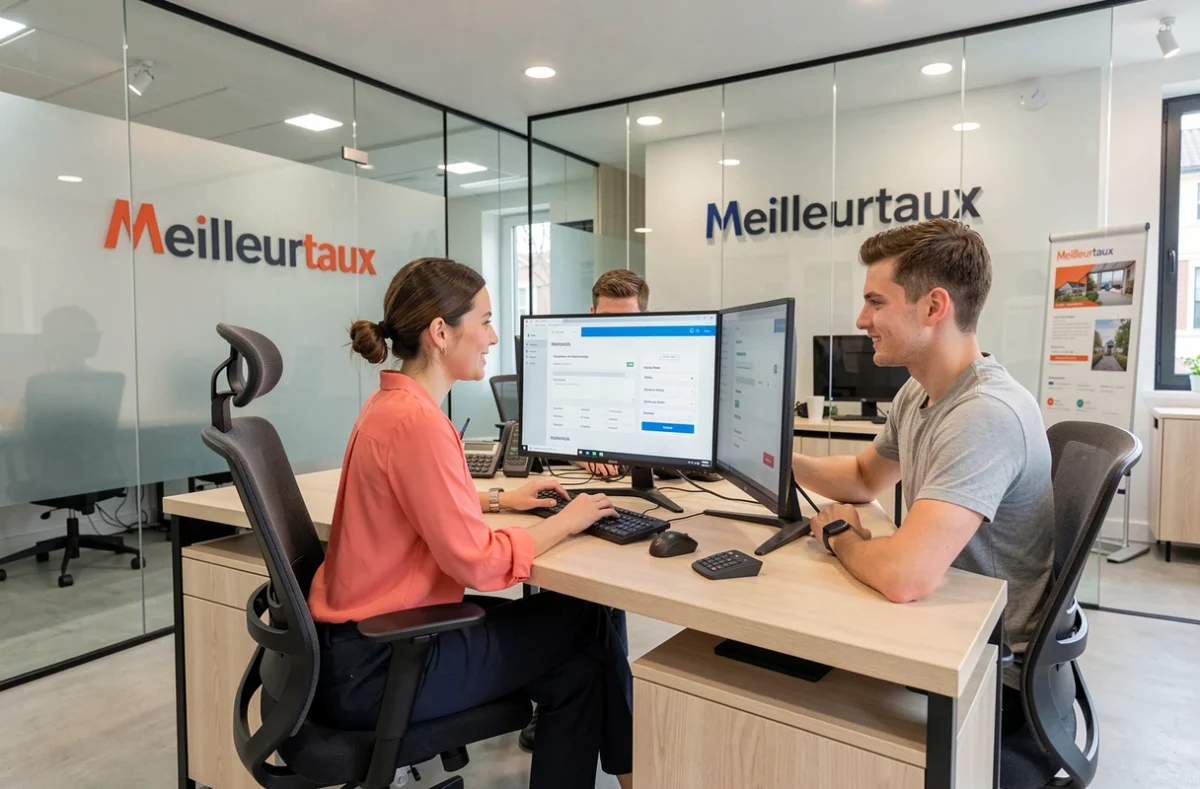 Conseillère Meilleurtaux guidant un couple dans la comparaison d'offres de crédit immobilier en ligne en agence