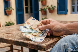 Main tenant des billets et pièces en euros au-dessus d'une table de café en Grèce, avec une taverne traditionnelle en arrière-plan flou