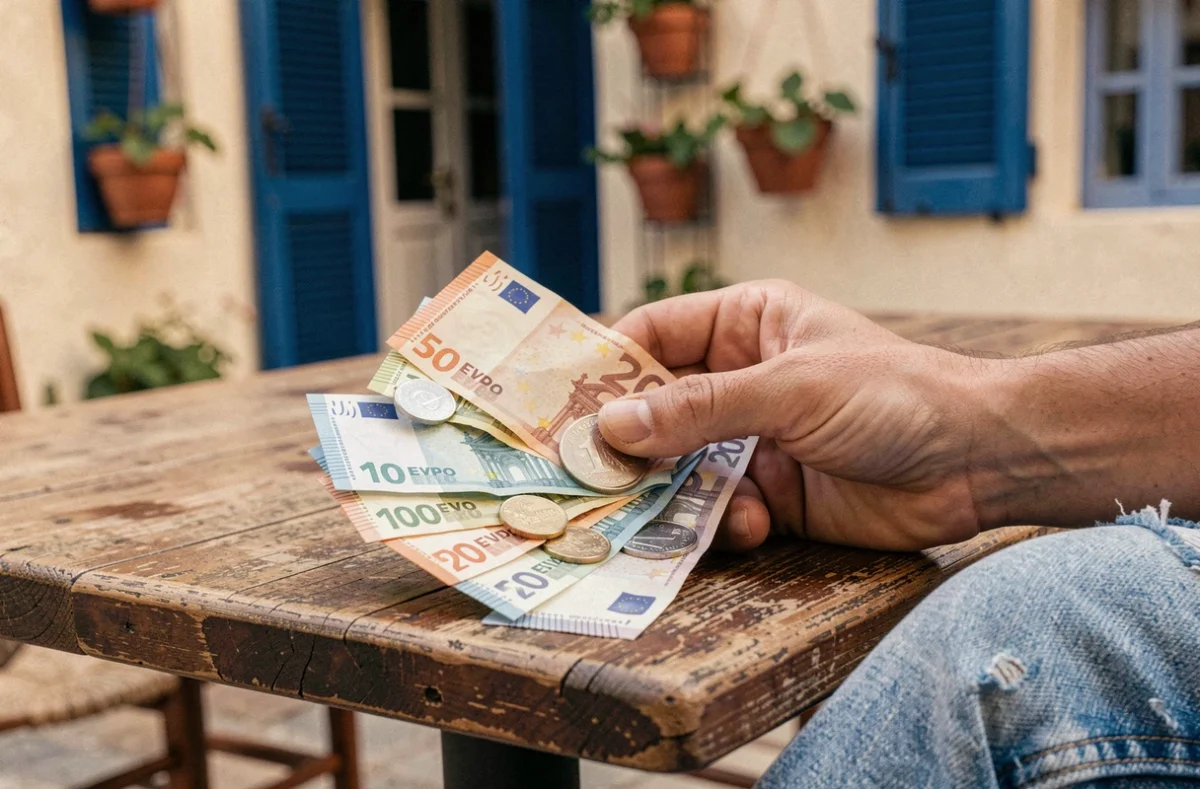 Main tenant des billets et pièces en euros au-dessus d'une table de café en Grèce, avec une taverne traditionnelle en arrière-plan flou