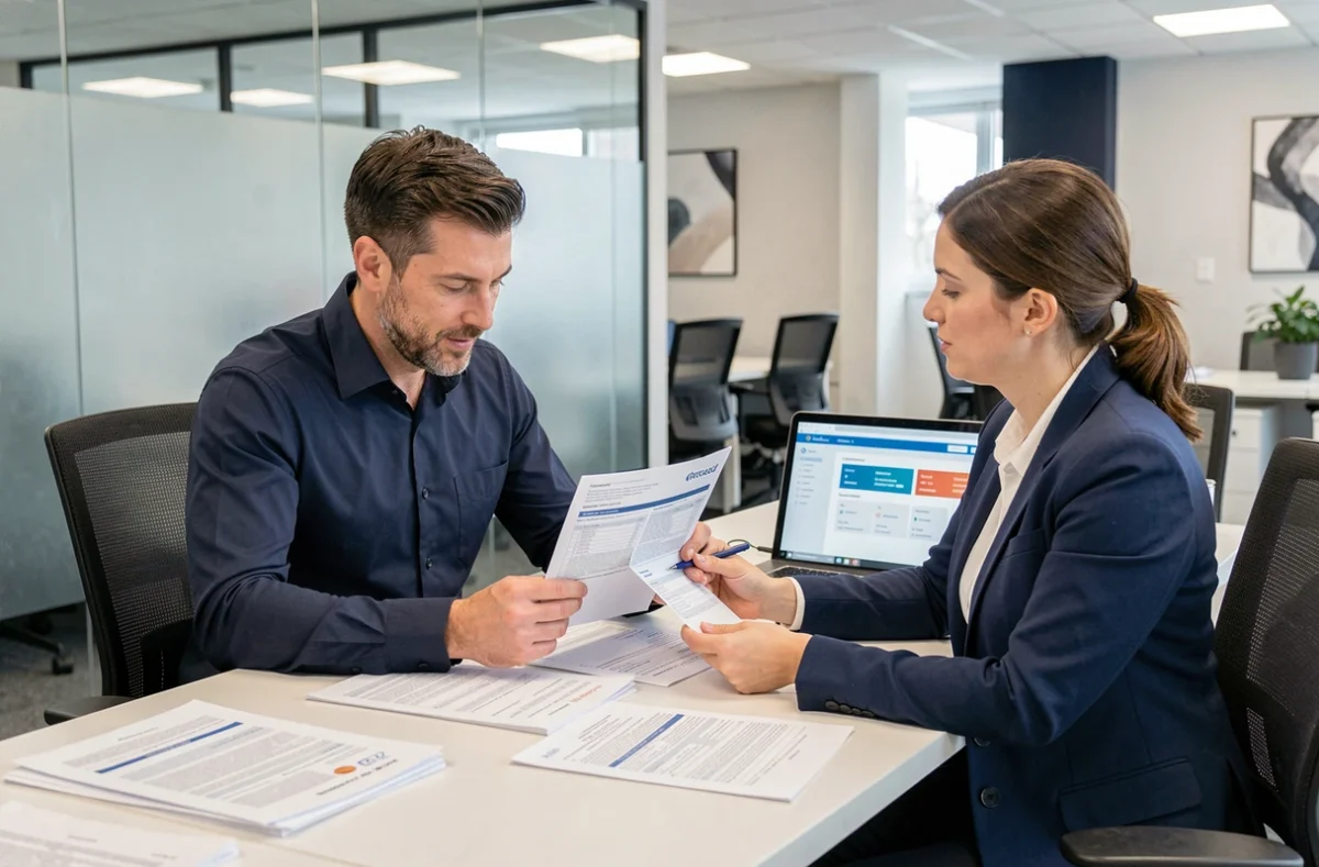 Employé et responsable RH discutant d'une mutuelle d'entreprise obligatoire dans un bureau moderne