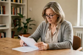 Femme de 45 ans consultant un document de mutuelle santé à son bureau à domicile