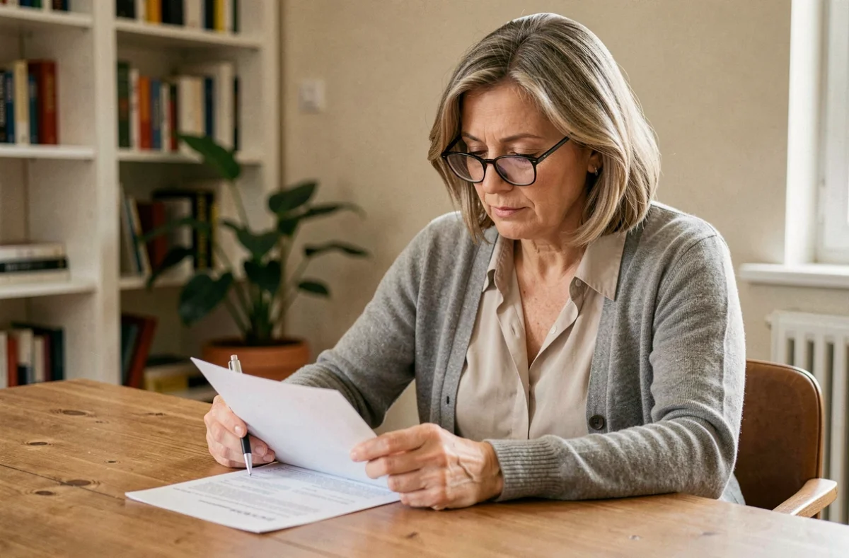 Femme de 45 ans consultant un document de mutuelle santé à son bureau à domicile
