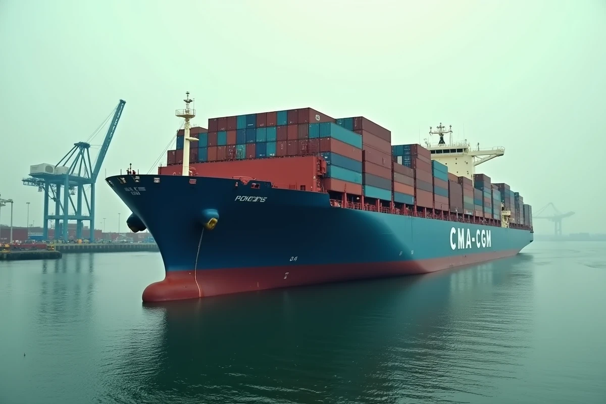 Grand navire porte-conteneurs CMA CGM dans un port international avec des grues industrielles en arrière-plan
