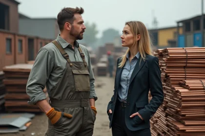 Homme en overalls et femme d'affaires négociant près de cuivre scrap
