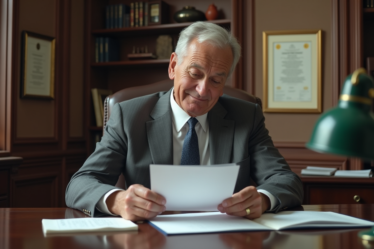 Notaire senior lisant une lettre dans son bureau élégant