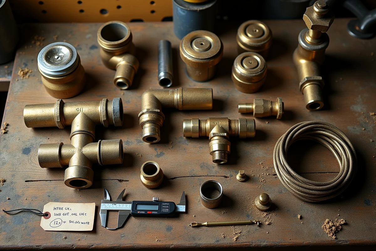 Collection d'objets en laiton usagés avec cotation sur un établi d'atelier, robinets et raccords patinés