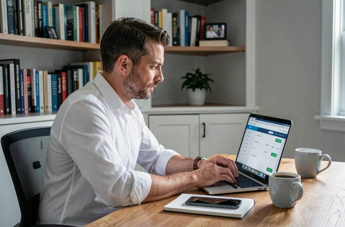 Un entrepreneur ouvre un compte professionnel HSBC en ligne depuis son bureau à domicile